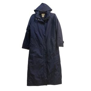 LL Bean Womens Small Regular Navy Blue Long Hooded Rain Coat Plaid Flannel Lined